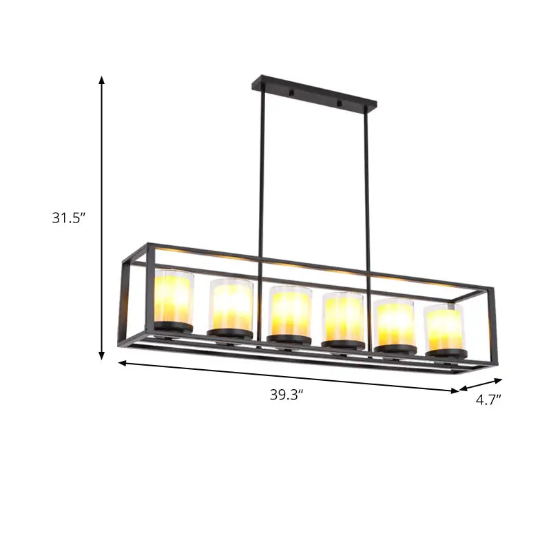 Black metal cylinder pendant light with six warm yellow glass candle bulbs ideal for dining room lighting