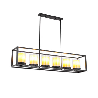 Black metal rectangular pendant light with five warm yellow candle-style bulbs for vintage cylinder pendant lighting