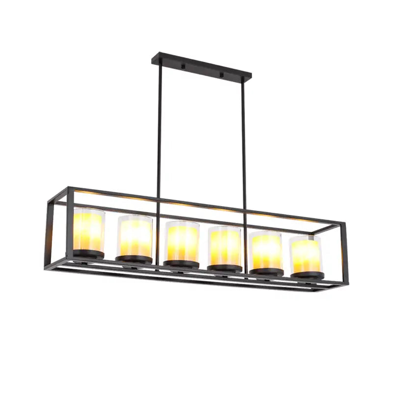 Black metal rectangular pendant light with five warm yellow candle-style bulbs for vintage cylinder pendant lighting