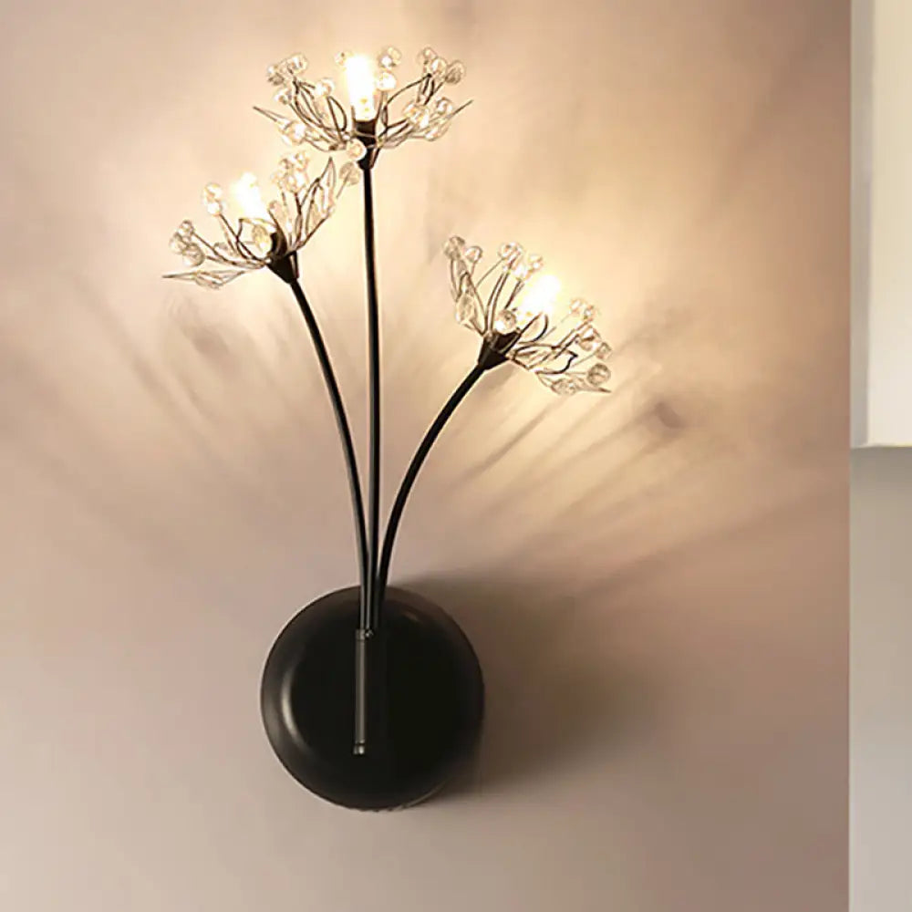 Vintage Black Dandelion Sconce Light with 3 Crystal Wall Lights for Stairway