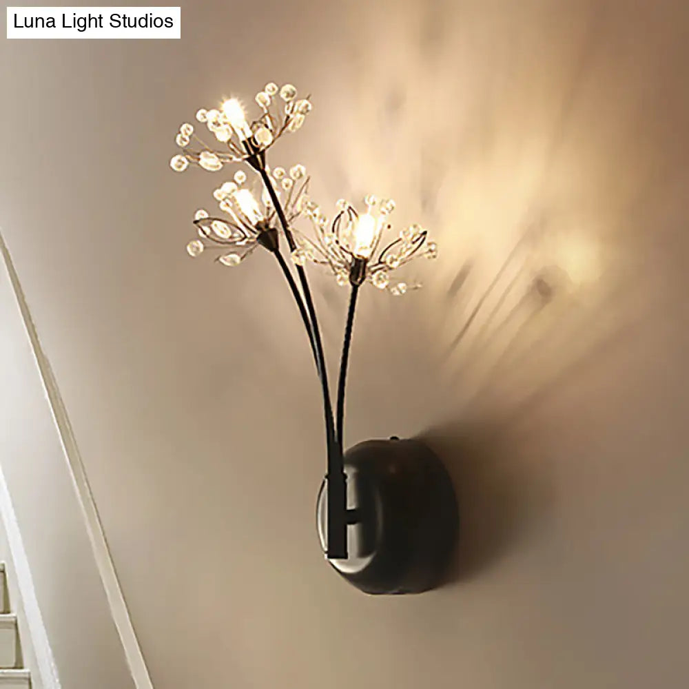 Vintage Black Dandelion Sconce Light with 3 Crystal Wall Lights for Stairway