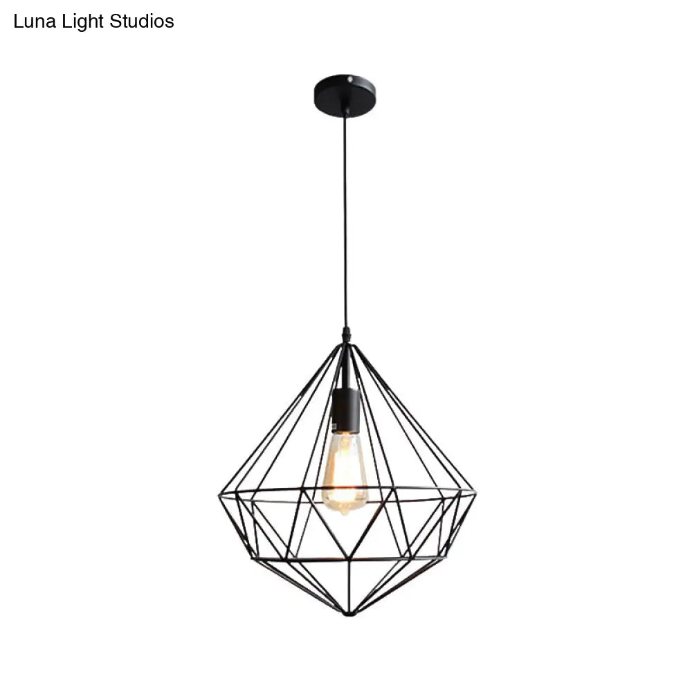 Vintage Black Diamond Cage Iron Hanging Lamp - Single-Bulb Dining Room Light