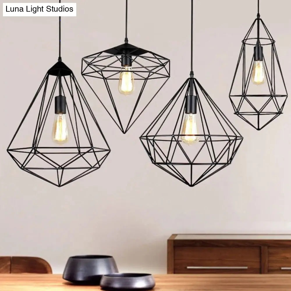 Vintage Black Diamond Cage Iron Hanging Lamp - Single-Bulb Dining Room Light