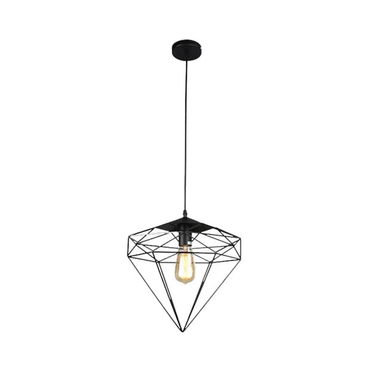 Vintage Black Diamond Cage Iron Hanging Lamp - Single-Bulb Dining Room Light
