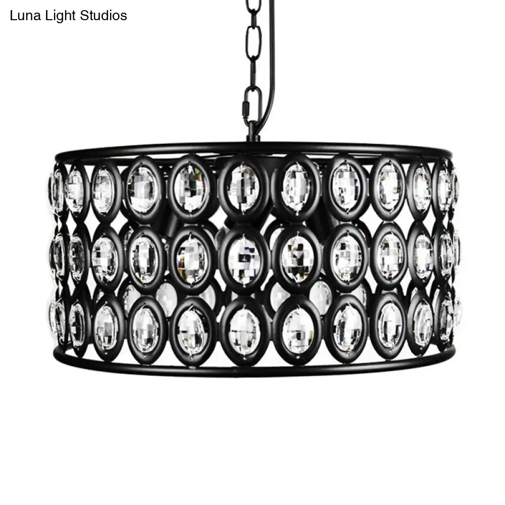 Lámpara de techo vintage negra tipo tambor: araña de metal y cristal con 3 luces para sala de estar