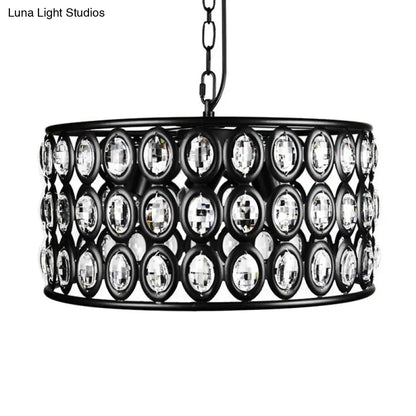 Lámpara de techo vintage negra tipo tambor: araña de metal y cristal con 3 luces para sala de estar