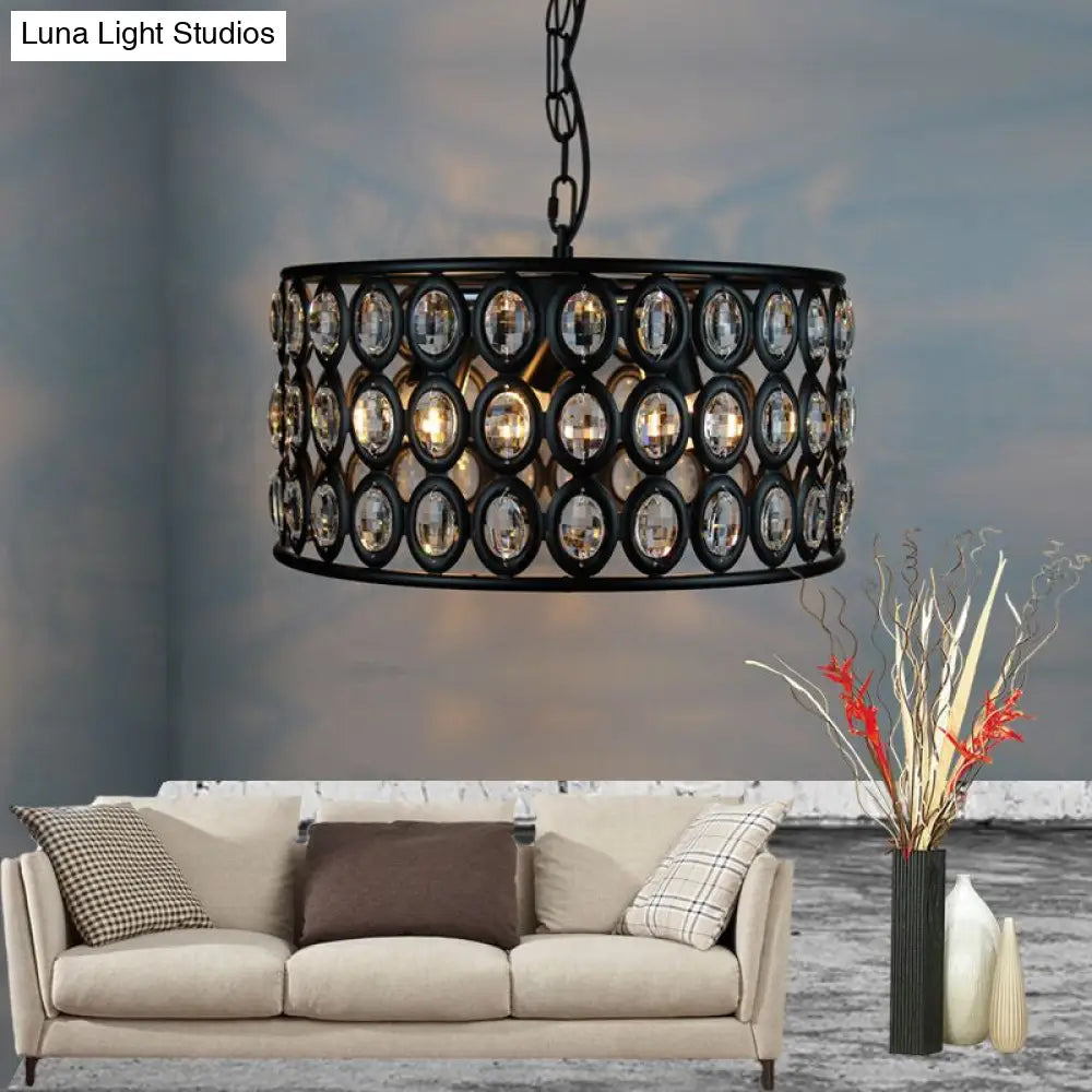 Lámpara de techo vintage negra tipo tambor: araña de metal y cristal con 3 luces para sala de estar