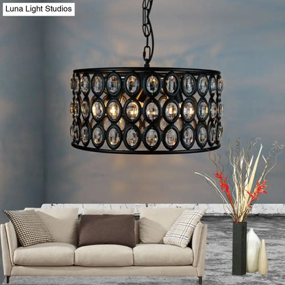 Lámpara de techo vintage negra tipo tambor: araña de metal y cristal con 3 luces para sala de estar