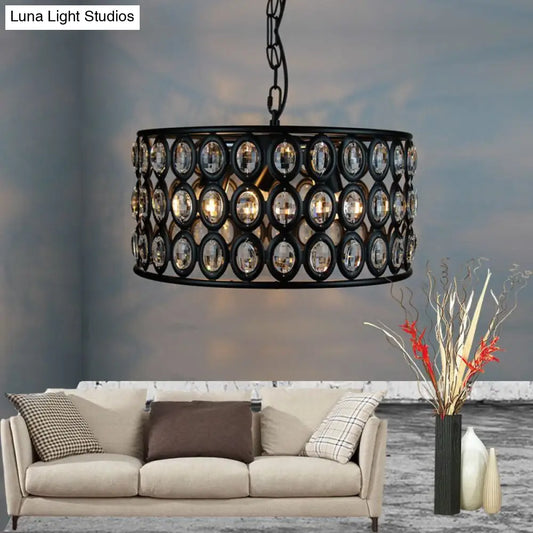 Lámpara de techo vintage negra tipo tambor: araña de metal y cristal con 3 luces para sala de estar