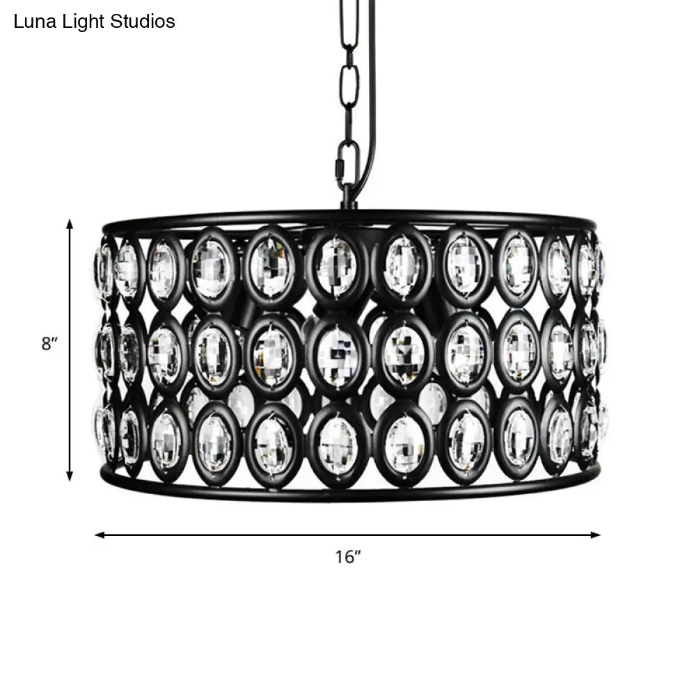 Lámpara de techo vintage negra tipo tambor: araña de metal y cristal con 3 luces para sala de estar