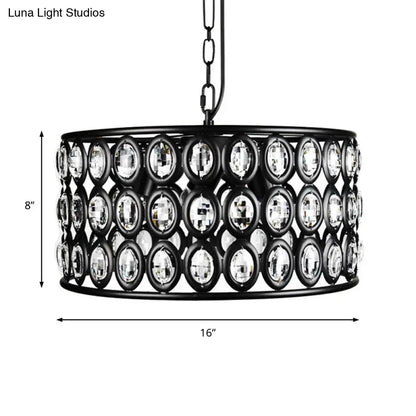 Lámpara de techo vintage negra tipo tambor: araña de metal y cristal con 3 luces para sala de estar