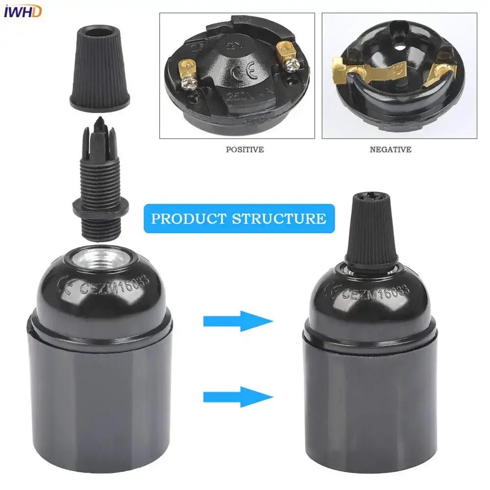Vintage black e27 socket bulb holder with gold metal contacts and threaded screw base for kitchen lamp holder