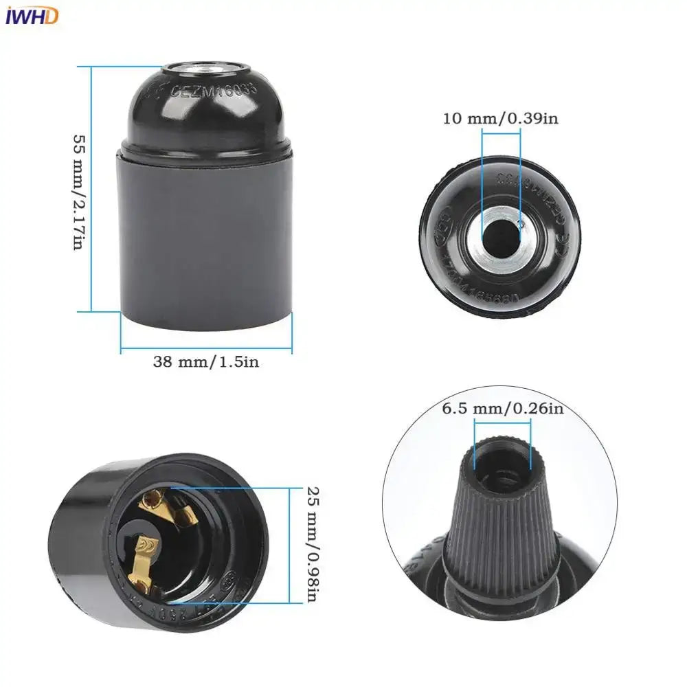 Vintage black e27 socket bulb holder with matte plastic finish and gold-colored internal contacts for kitchen lamp holder