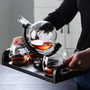 Clear glass vintage black earth decanter set with globe-shaped body and etched world map glasses for dining room use