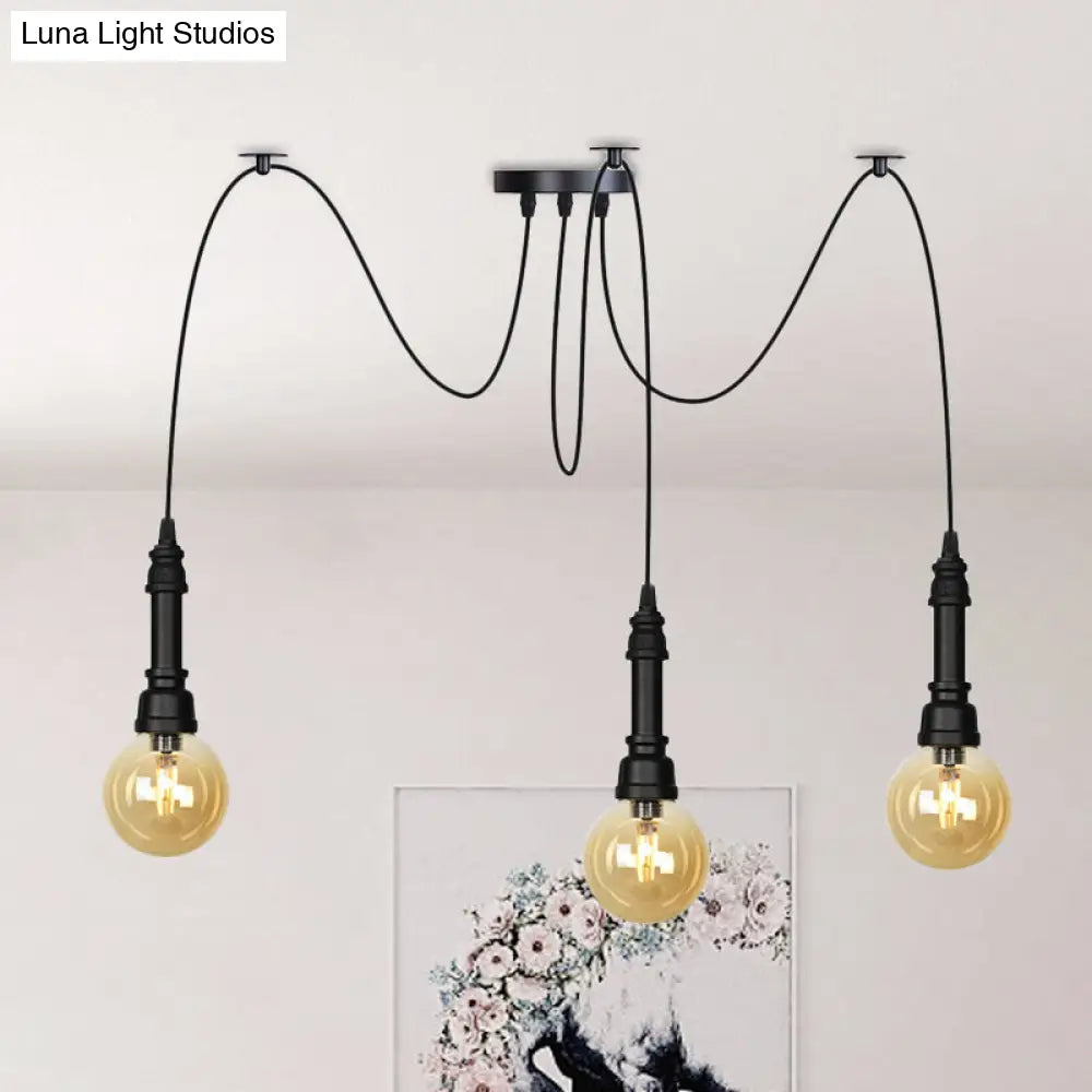 Vintage Black Finish Amber Glass Chandelier - Multi Light Pendant Lamp for Global Restaurants (2/3/6 Heads)