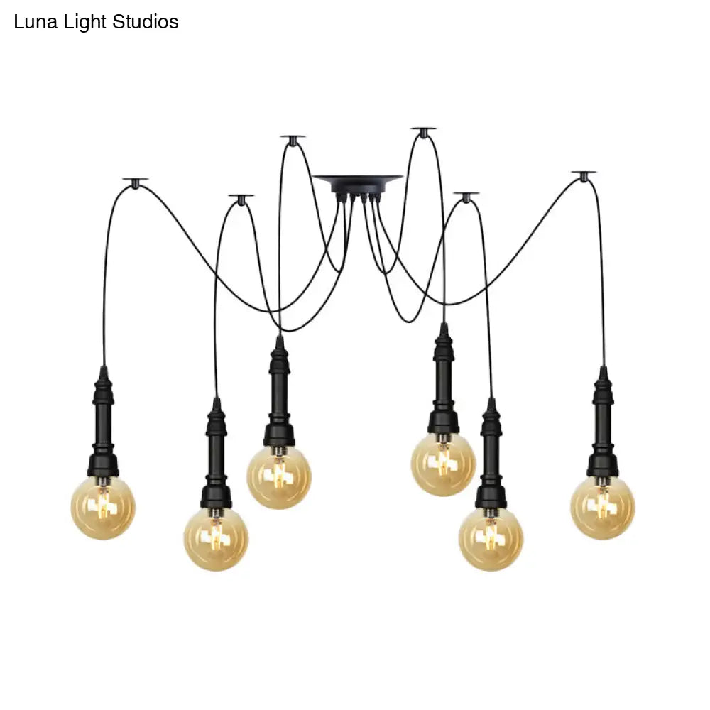 Vintage Black Finish Amber Glass Chandelier - Multi Light Pendant Lamp for Global Restaurants (2/3/6 Heads)
