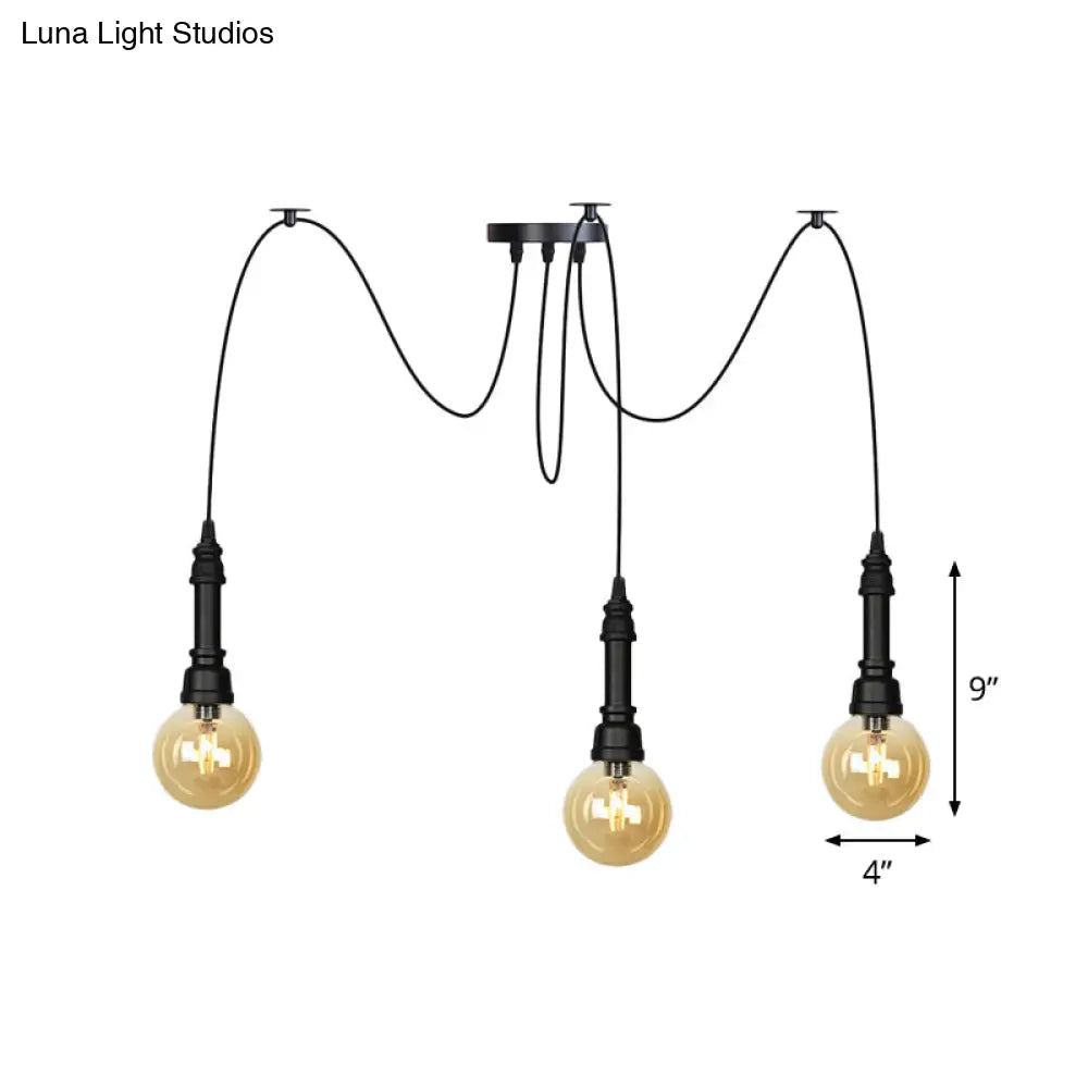 Vintage Black Finish Amber Glass Chandelier - Multi Light Pendant Lamp for Global Restaurants (2/3/6 Heads)
