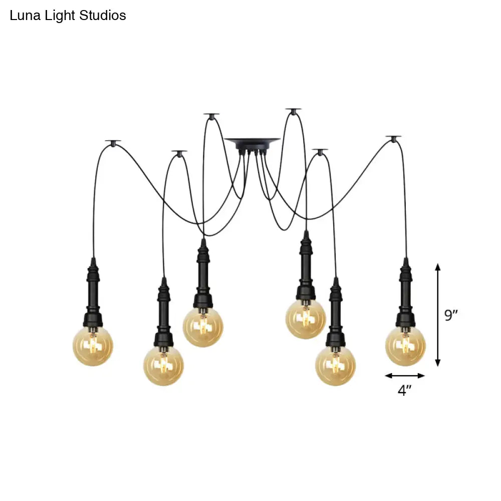 Vintage Black Finish Amber Glass Chandelier - Multi Light Pendant Lamp for Global Restaurants (2/3/6 Heads)