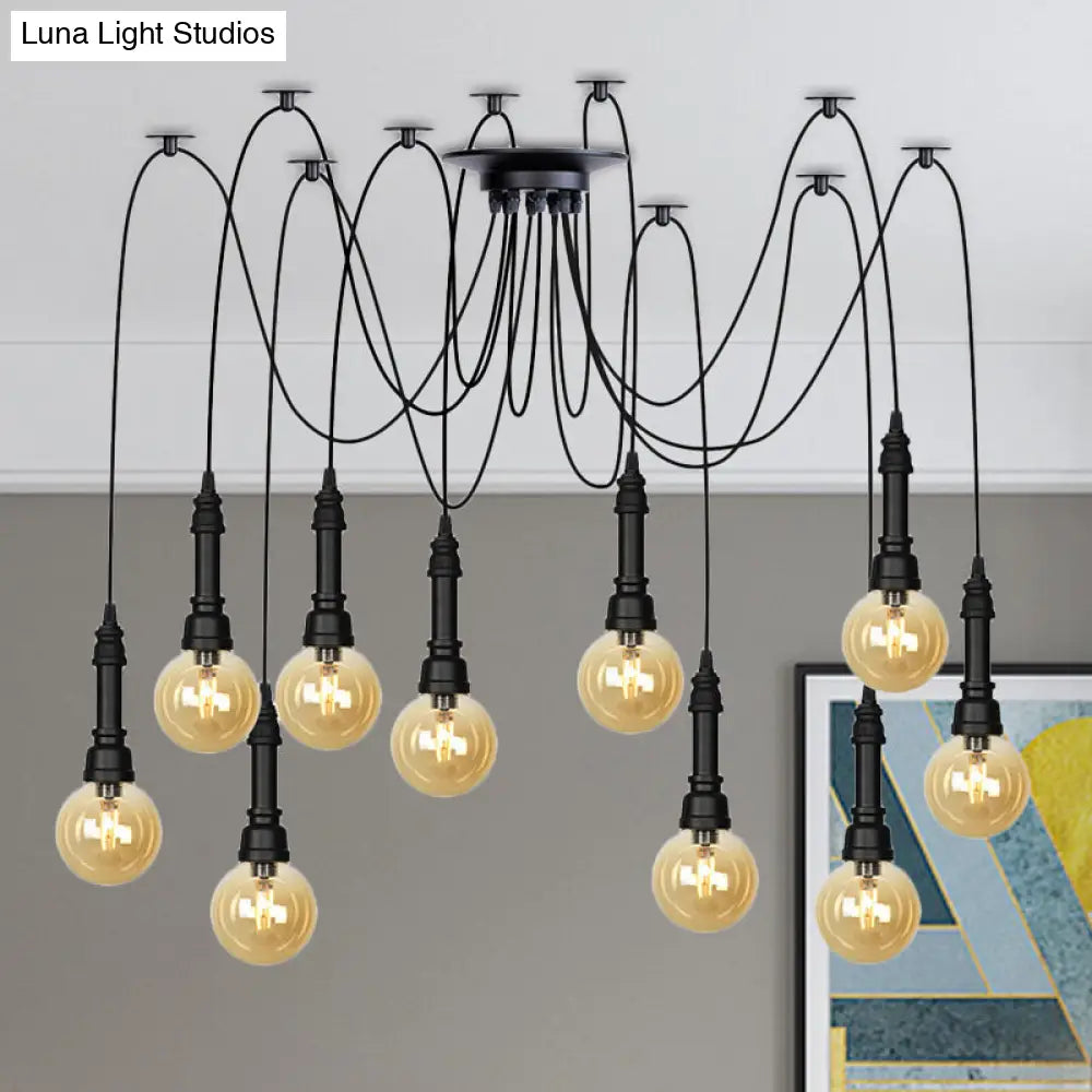 Vintage Black Finish Amber Glass Chandelier - Multi Light Pendant Lamp for Global Restaurants (2/3/6 Heads)