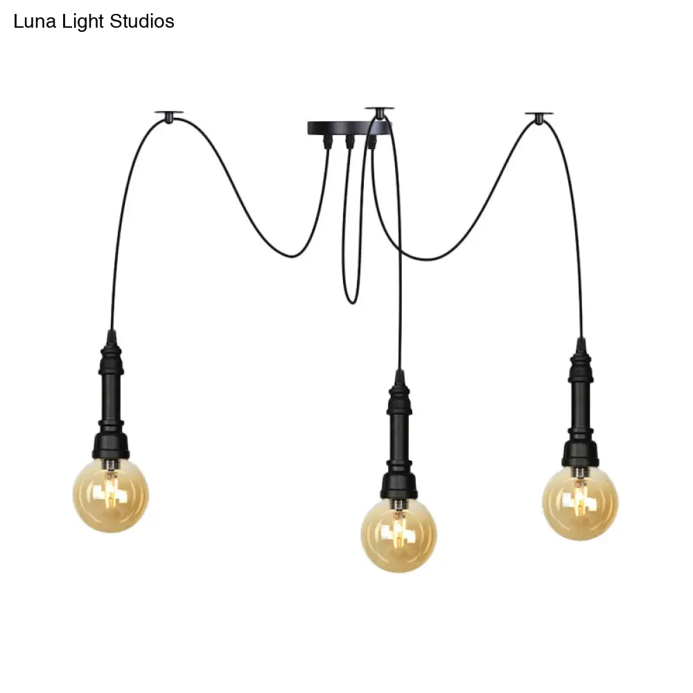 Vintage Black Finish Amber Glass Chandelier - Multi Light Pendant Lamp for Global Restaurants (2/3/6 Heads)