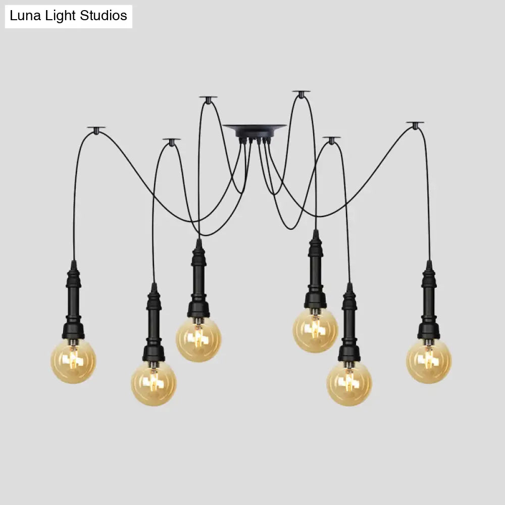 Vintage Black Finish Amber Glass Chandelier - Multi Light Pendant Lamp for Global Restaurants (2/3/6 Heads)