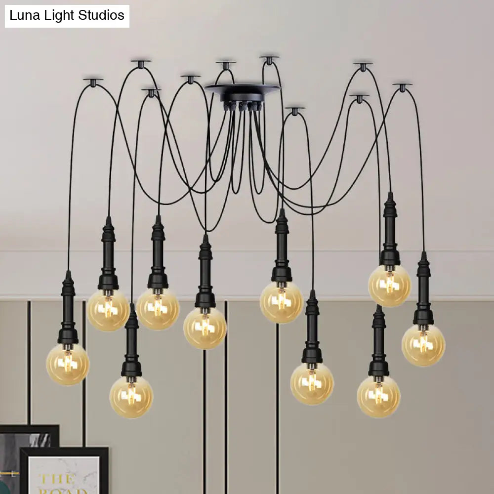 Vintage Black Finish Amber Glass Chandelier - Multi Light Pendant Lamp for Global Restaurants (2/3/6 Heads)