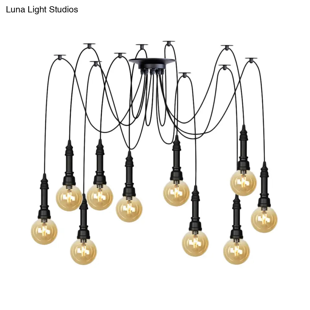 Vintage Black Finish Amber Glass Chandelier - Multi Light Pendant Lamp for Global Restaurants (2/3/6 Heads)