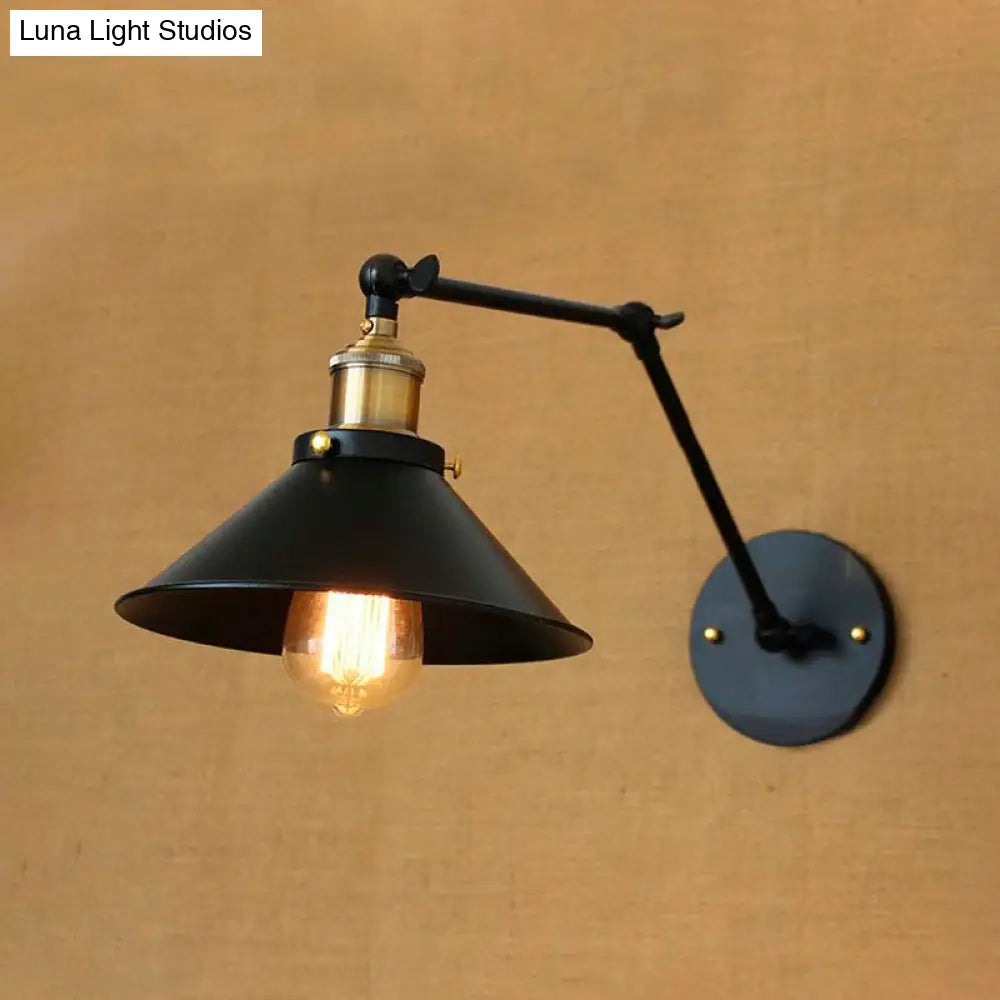 Vintage Black Finish Conic Sconce Light Fixture with Adjustable Metallic Arm - Ideal Wall Lighting for Dining Table
