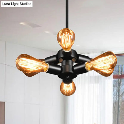 Vintage Black Finish Metal Bare Bulb Chandelier with Hanging Rod - 3/4/5 Lights for Bar