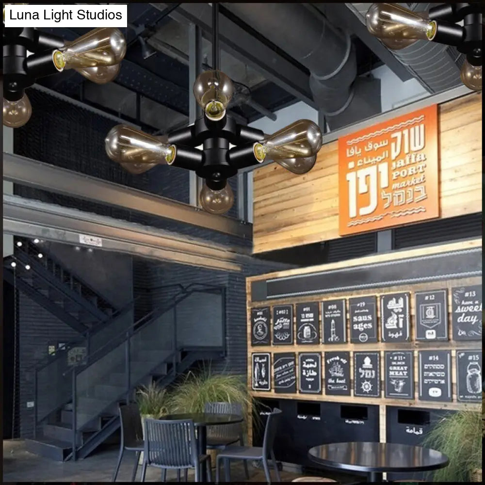 Vintage Black Finish Metal Bare Bulb Chandelier with Hanging Rod - 3/4/5 Lights for Bar