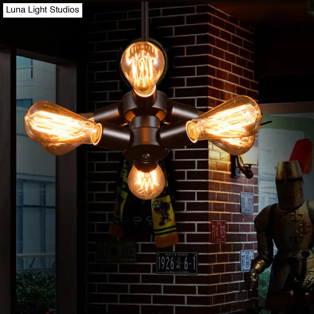 Vintage Black Finish Metal Bare Bulb Chandelier with Hanging Rod - 3/4/5 Lights for Bar