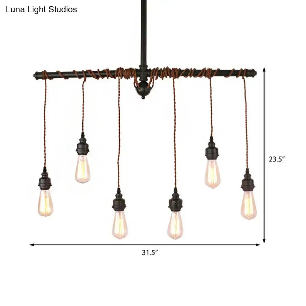 DecorBites™ vintage 6-light tubing pendant lamp with black finish and chain cord length featuring exposed edison bulbs