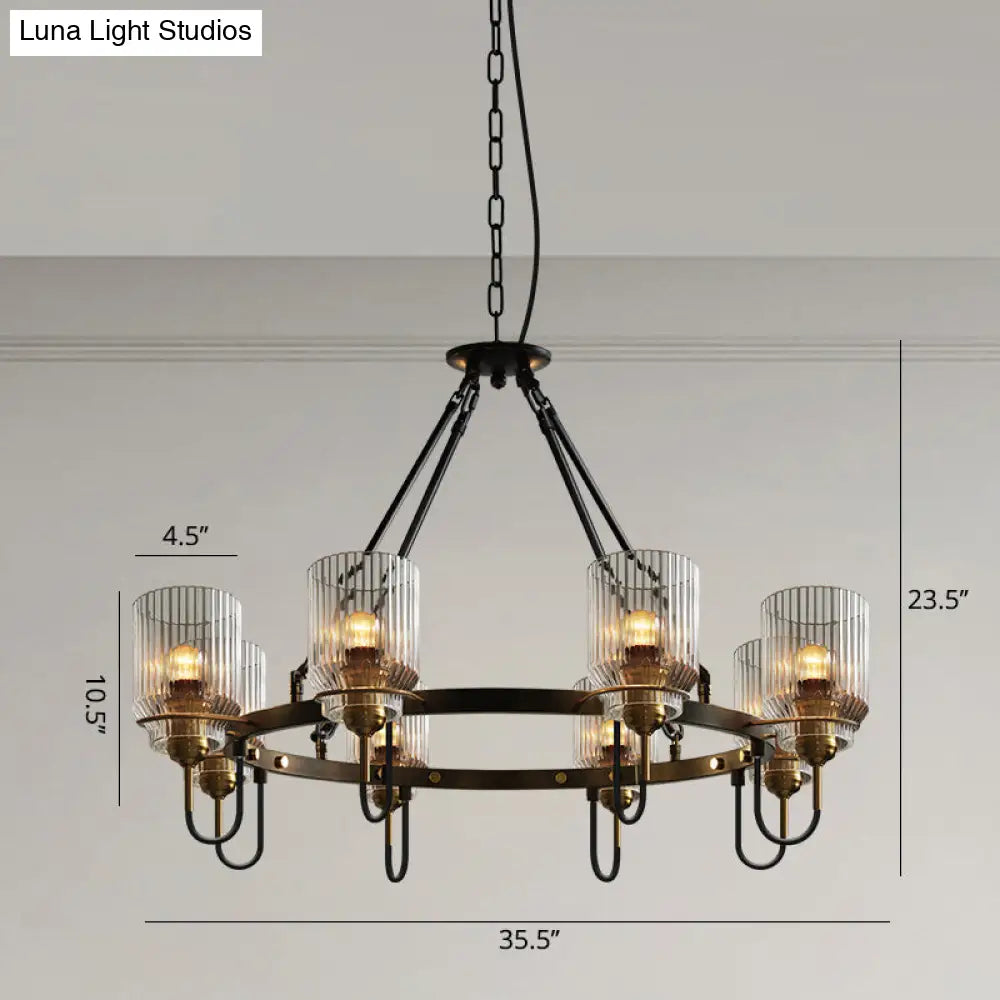 Vintage Black Glass Ribbed Chandelier - Cylindrical Suspension Lamp for Dining Room