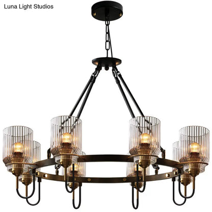 Vintage Black Glass Ribbed Chandelier - Cylindrical Suspension Lamp for Dining Room