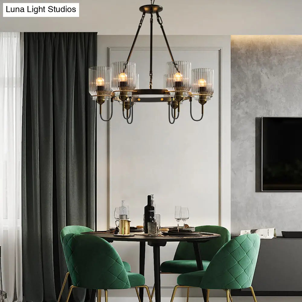 Vintage Black Glass Ribbed Chandelier - Cylindrical Suspension Lamp for Dining Room