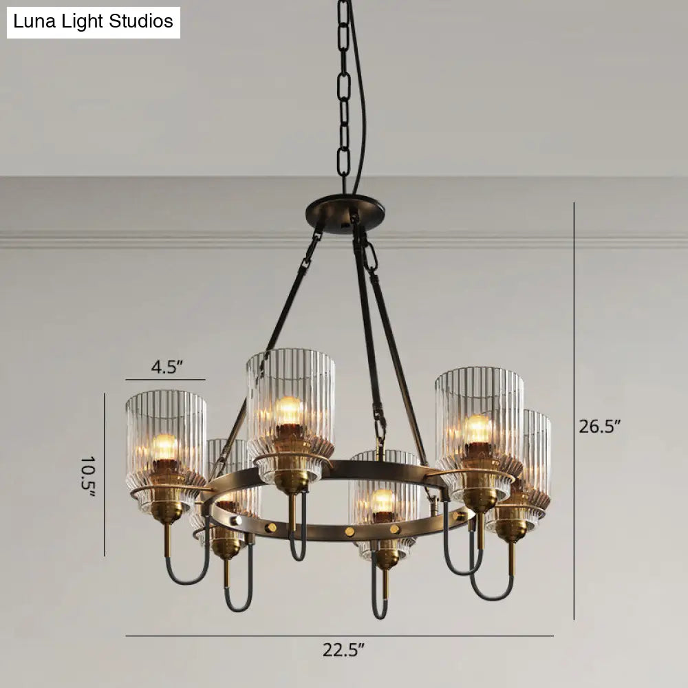 Vintage Black Glass Ribbed Chandelier - Cylindrical Suspension Lamp for Dining Room