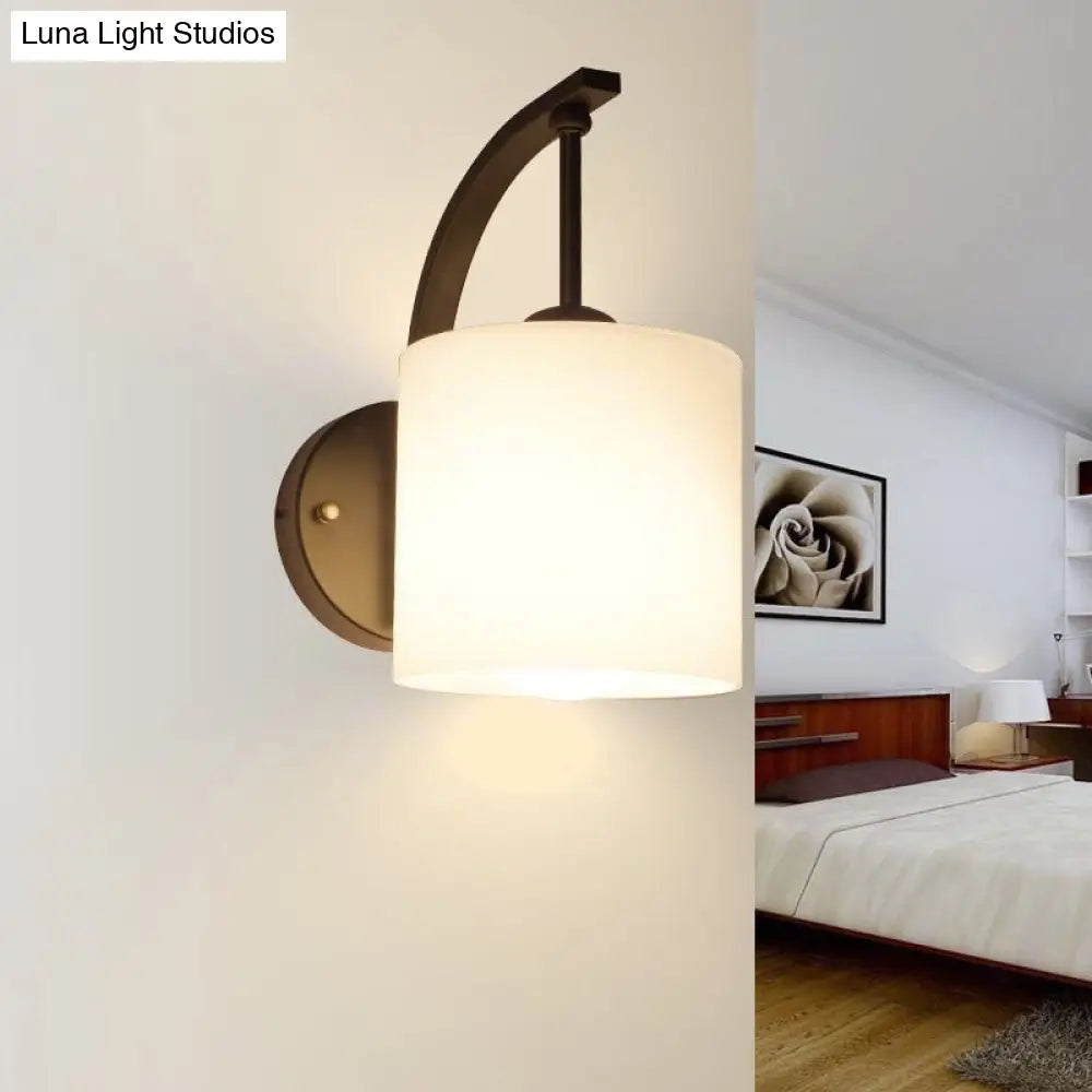 Vintage Black Glass Wall Sconce with Curved Arm - White Cylindrical Wall Lighting
