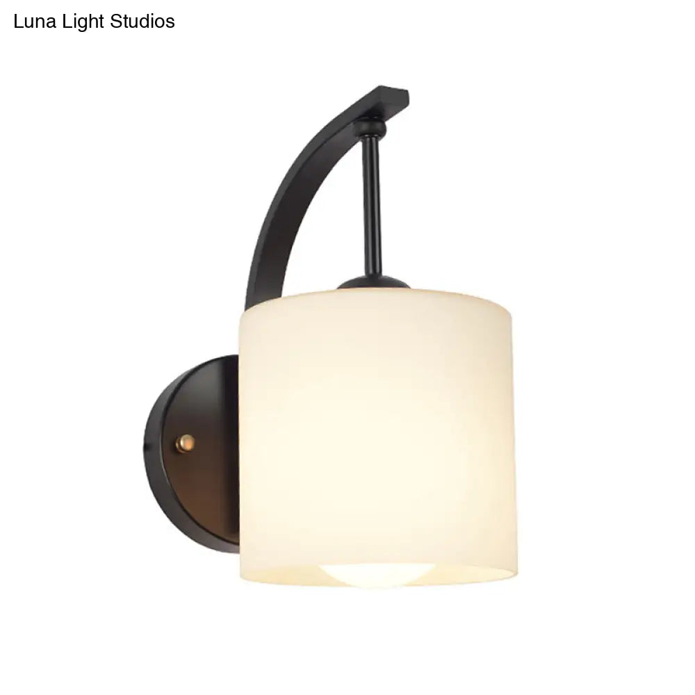 Vintage Black Glass Wall Sconce with Curved Arm - White Cylindrical Wall Lighting