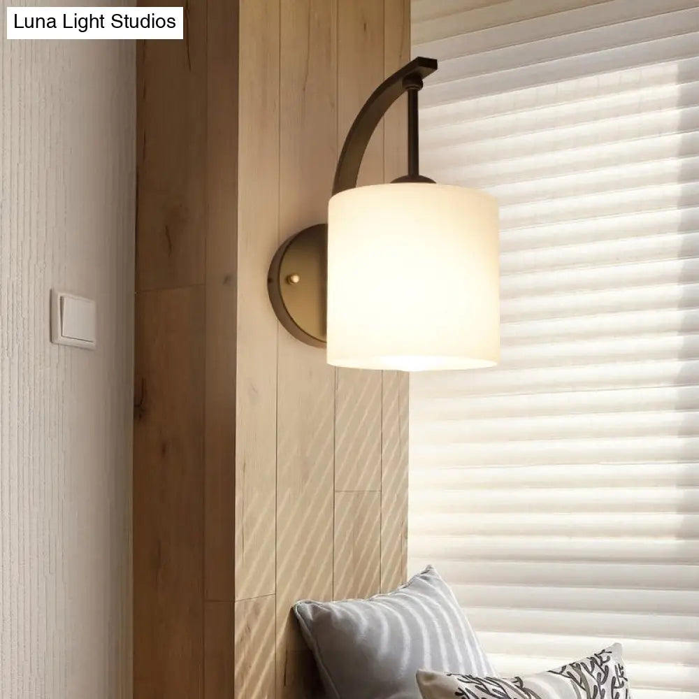 Vintage Black Glass Wall Sconce with Curved Arm - White Cylindrical Wall Lighting