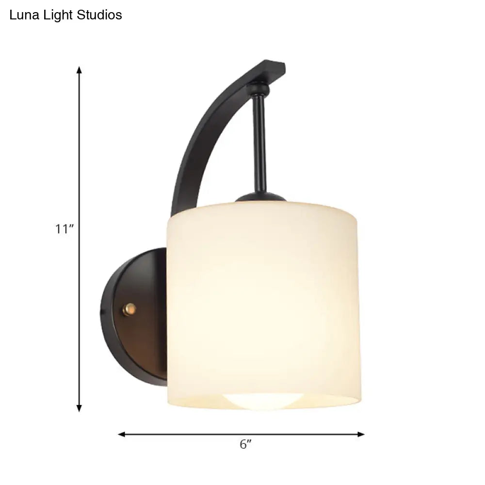 Vintage Black Glass Wall Sconce with Curved Arm - White Cylindrical Wall Lighting