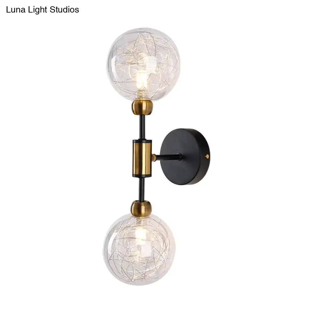Modern vintage black and gold double-sphere wall sconce with clear glass globes and e26 e27 brass fittings
