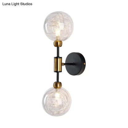 Modern vintage black and gold double-sphere wall sconce with clear glass globes and e26 e27 brass fittings
