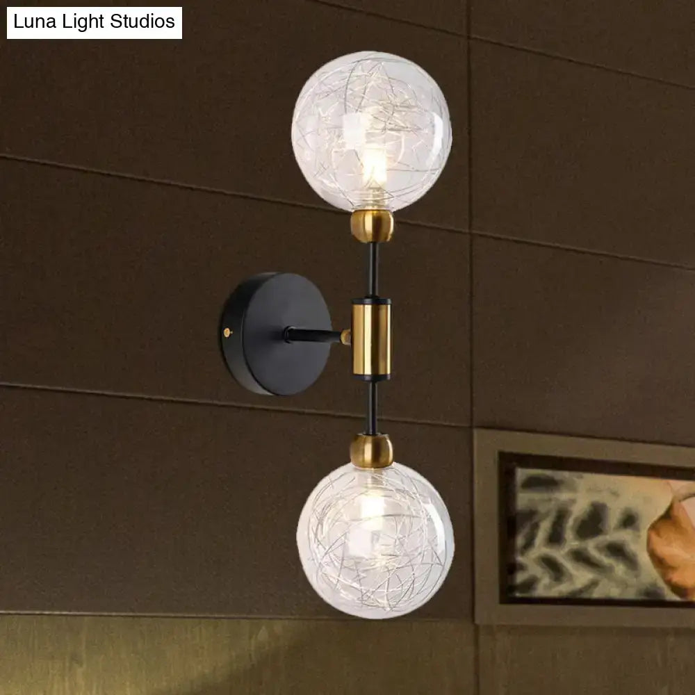 Modern vintage black and gold double-sphere wall sconce with clear glass and e26 e27 bulbs for bedroom lighting