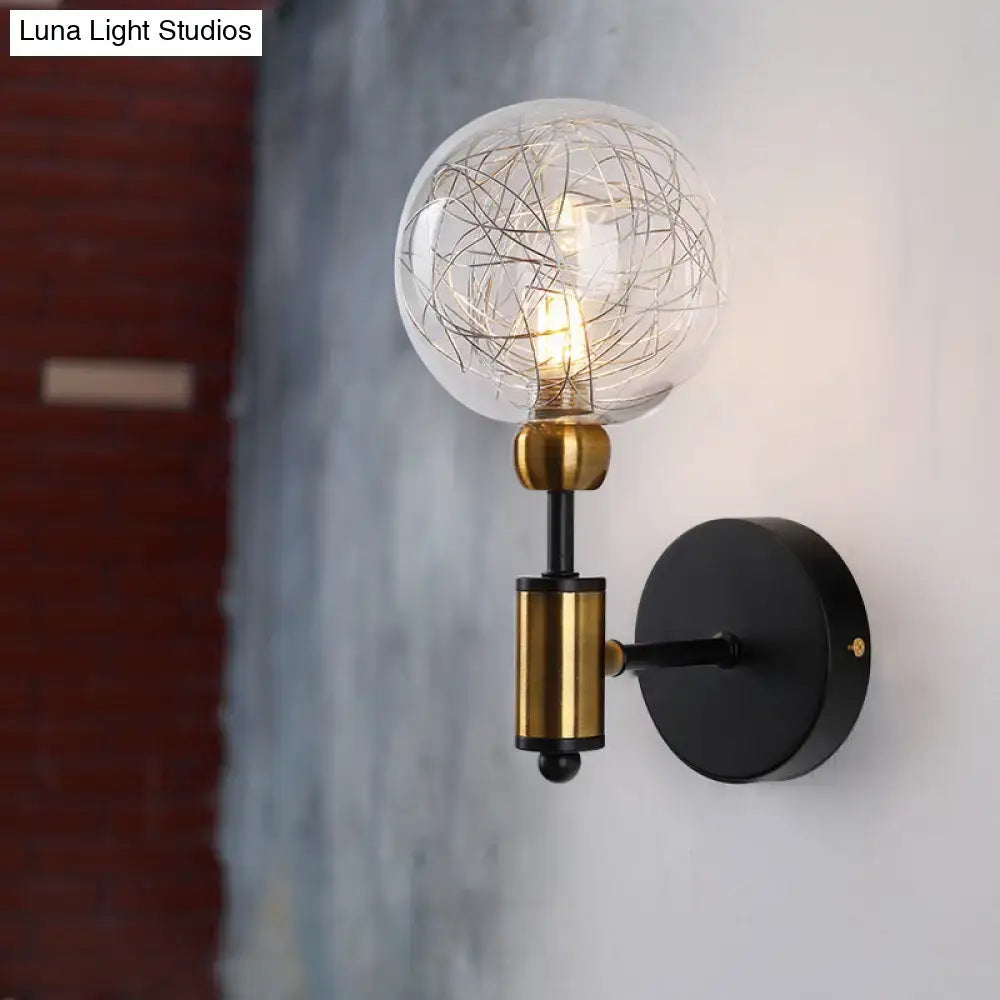 Vintage black and gold clear glass wall sconce with intricate wire globe on sleek metal base compatible with e26 e27 bulbs