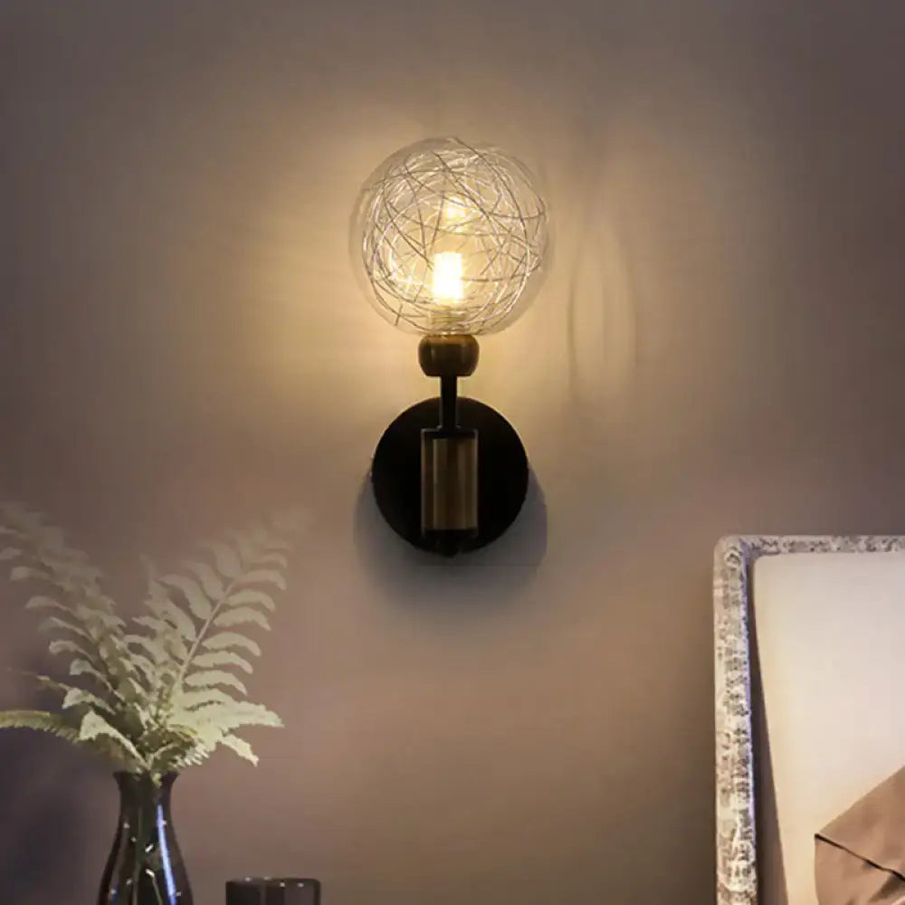 Vintage black and gold spherical wall sconce with clear glass globe and wireframe on black base for e26 e27 bulbs