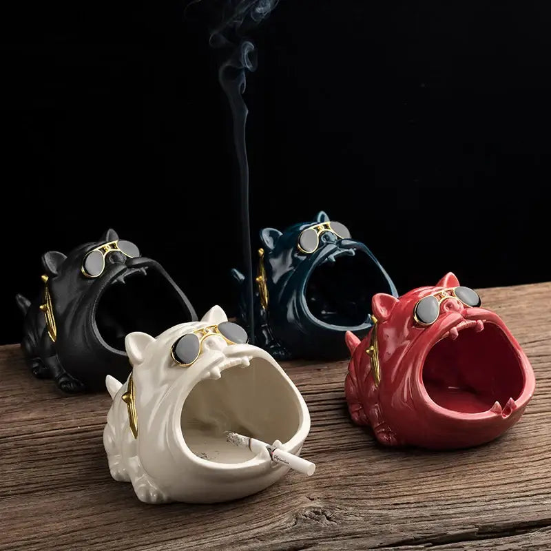 Vintage black and gold decorbites ceramic dog ashtray in glossy ceramic shaped like a roaring bulldog wearing sunglasses