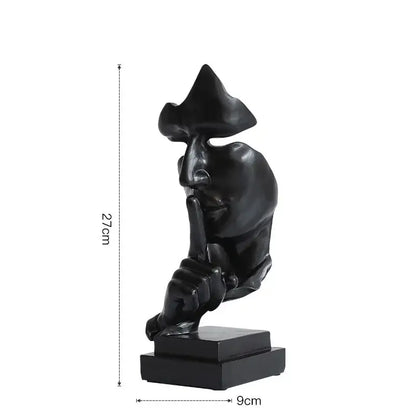 Black glossy resin 27cm silence golden face sculpture making shh gesture on matching base for office decor
