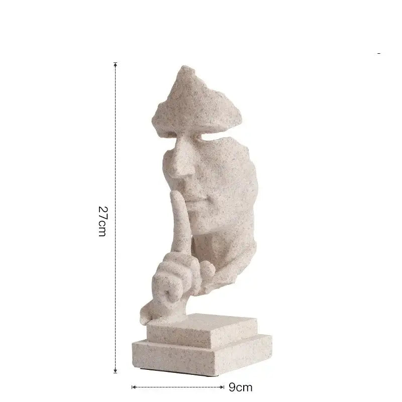 Beige textured resin 27cm silence golden face sculpture making shh gesture for office decor