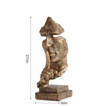 Bronze 27cm silence golden face abstract sculpture with leaf texture and hand over lips for vintage office decor