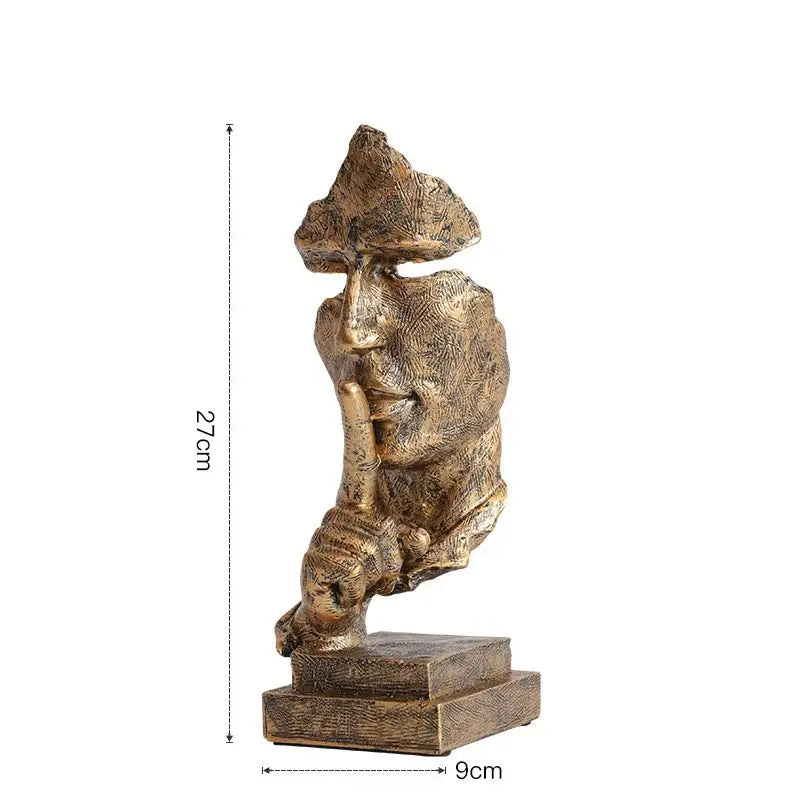 Bronze 27cm silence golden face abstract sculpture with leaf texture and hand over lips for vintage office decor